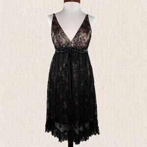 Y2K Marc Bouwer Glamit Black Lace Beaded Midi Babydoll Dress Size 4 Gothic Glam